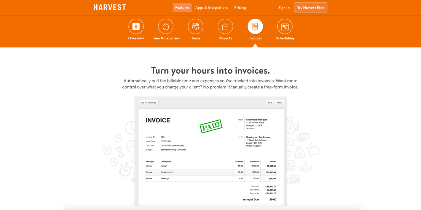 harvest time tracking no invoice menu